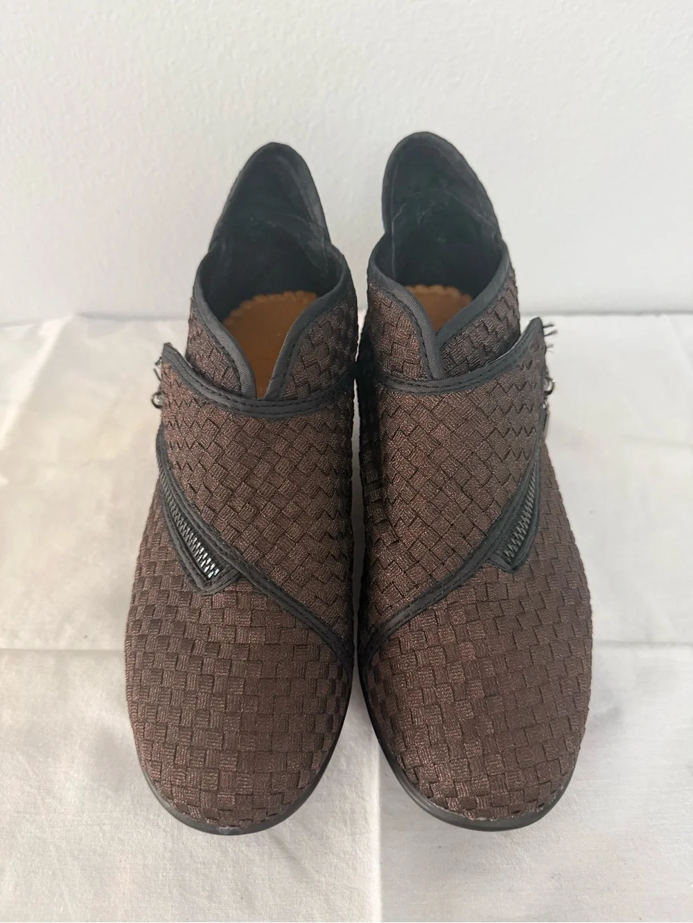 bernie mev. Brown Woven Zip Wedge Shoes